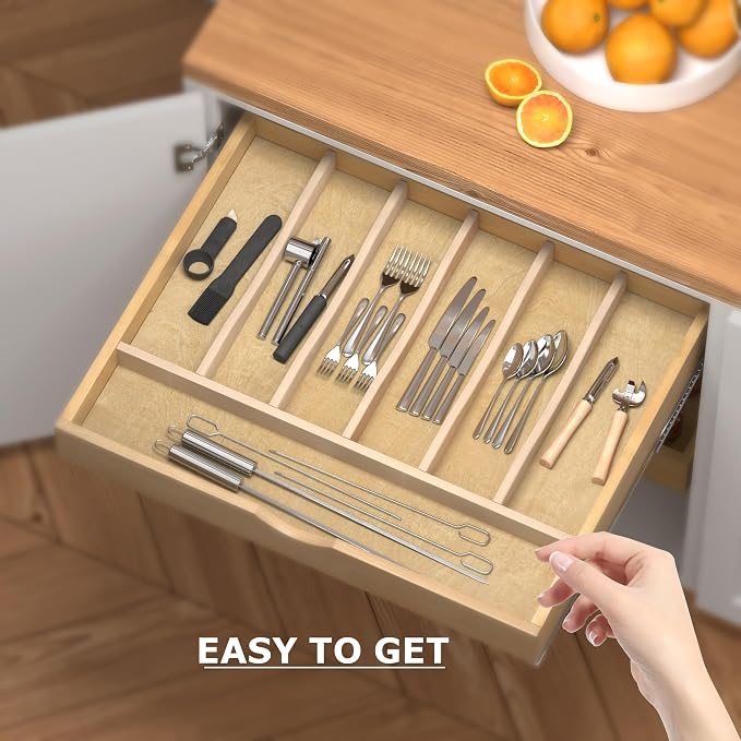 WelFurGeer Solid Birch Wood Silverware Drawer Organizer, Wooden Cutlery Drawer Organizer, Utensil Tray for Kitchen Drawers, Kitchen Utensil Organizer for Silverware, Flatware, Spoons, Forks, Knives