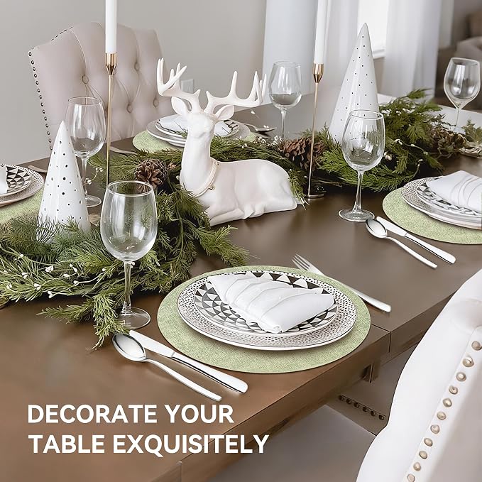 13" Round Placemats Set of 8, Reversible Faux Leather Wipeable Table Mats | 2mm Vinyl Heat Resistant Waterproof Oilproof Scratch Proof Non-Slip, Washable for Kitchen Dining Indoor Outdoor (Light Green)