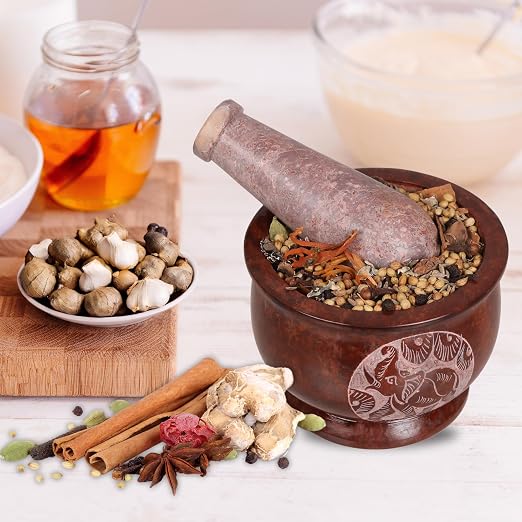 Mortar and Pestle, Made of Heavy Duty Polished Hard Stone, Natural Stone Grinder for Spices, Pastes, Herbs, Seasoning etc. (Brown Elephant)