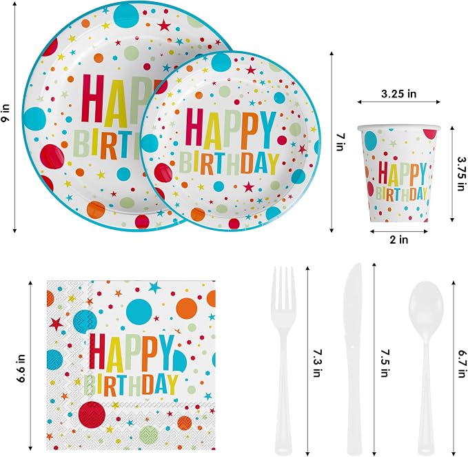 Exquisite 350 Pcs Blue Happy Birthday Plates and Napkins Set, Blue Birthday Plates Set, 50 Of Each 9" Dinner Plate, 7" Dessert Plate, 12 oz Cups, Napkins & Cutlery Plastic Dinnerware Set