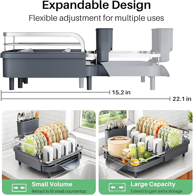 SAYZH Expandable Dish Drying Rack for Small Kitchen Counter, Grey | Stainless Steel, Protective Guardrail, Angled Drainboard, Fits High-Rim Sinks, Removable Utensil Holder