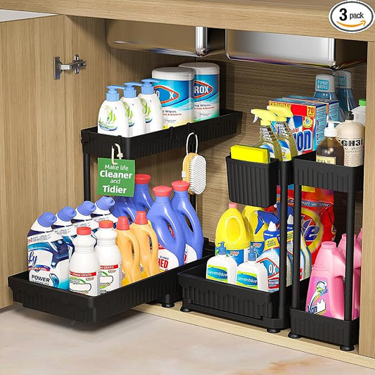 3-Pack 2-Tier L-Shaped Under Sink Organizers with Sliding Drawers | Multi-use kitchen & bathroom storage, 12.85 inch black cabinet organizer, space-saving sliding drawer design.