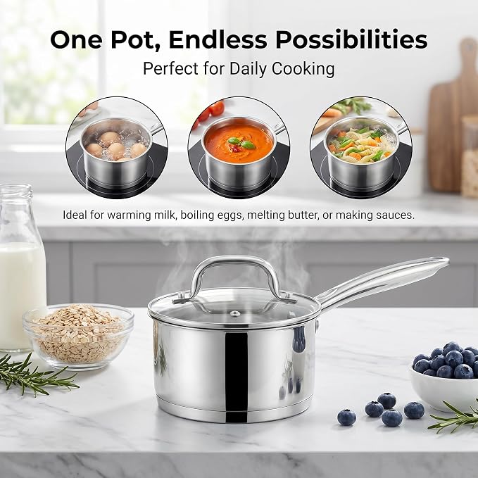 LIANYU Stainless Steel Saucepan with Lid, 1 Quart Small Sauce Pan | Tri-Ply Bottom, Multipurpose Cooking Pot, Straight Side, Dishwasher Safe, Compatible with All Cooktops