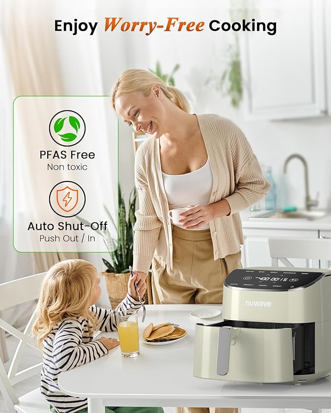 Nuwave Brio Plus Air Fryer 8 Qt, New & Improved, PFAS-Free Ceramic Coating | 7 Digital One-Touch Cook Modes:Air Fry/Bake/Roast/Dehydrate/Toast/Reheat/Preheat; 150 Presets; 50–400°F; 700/1500/1800W;Cream