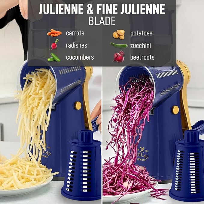 Zulay Kitchen Rotary Cheese Grater 5 Blade Cheese Shredder - Manual Hand Crank Cheese Grater With Reinforced Suction & 5 Interchangeable Drums - Easy to Use, Vegetable Chopper Round Mandoline Slicer