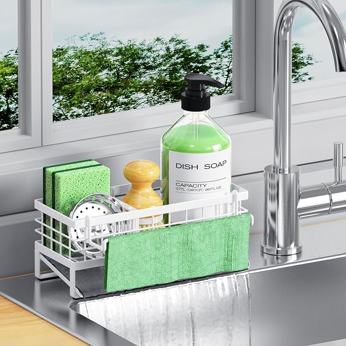 Kitchen Sink Caddy, Rustproof Self-Draining Sponge Holder, White | Metal Kitchen Caddy Sink Organizer, Detachable Dish Cloth Holder, Non-Slip Base, Kitchen Countertop Storage Accessories