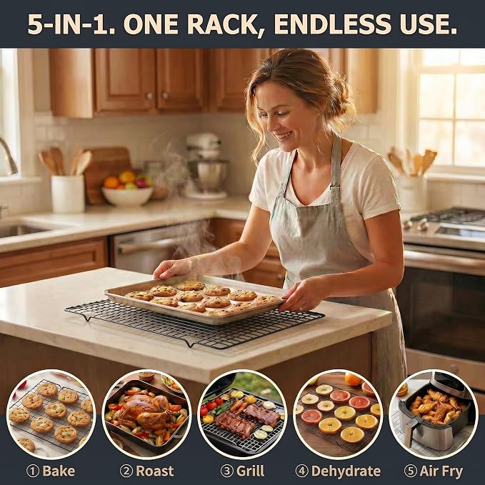 Cooling Racks for Cooking 2-Pack, 10" x 16" No Warp Heavy Duty Metal Wire Rack - Fits Half Sheet & Jelly Roll Pan, Oven & Dishwasher Safe 575°F, Rust Resistant, for Baking, Roasting & Grilling