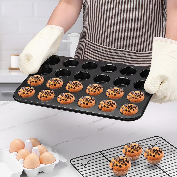 E-far 24-Cup Mini Muffin Pan, 3-Pack Nonstick Carbon Steel Cupcake Pans | Muffin Tins for Baking Mini Muffins & Cupcakes, Warp-Free for Even Baking & Easy Release, Oven Safe