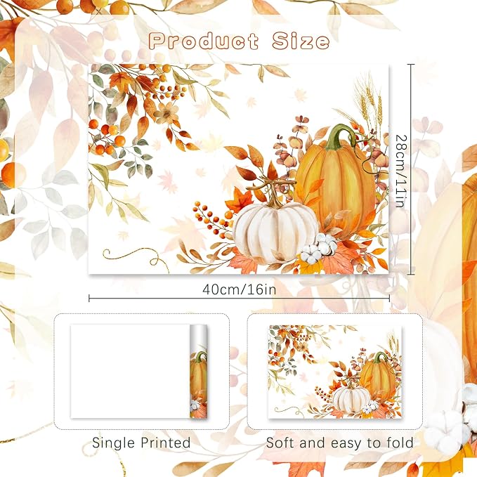 50 Pack Disposable Paper Placemats, Thanksgiving Fall Pumpkin Table Mats | Autumn Pumpkin Maple Leaves Pattern, Holiday Party Kitchen Dining Table Decoration,Thanksgiving Day