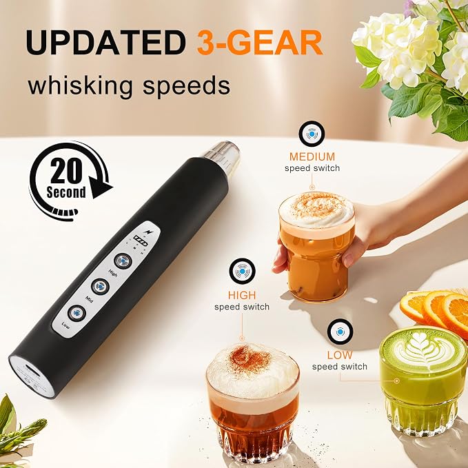 YUSWKO Handheld Milk Frother Wand for Coffee, Rechargeable Electric Whisk with 3 Heads 3 Speeds Drink Mixer Coffee Frother For Latte, Cappuccino, Hot Chocolate, Egg, Black