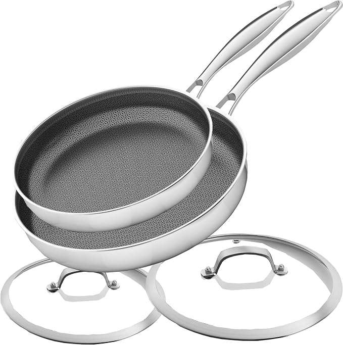 LOLYKITCH 10-12 Inch Nonstick Frying Pan Set with Glass Lids | PFOA Free | Hybrid Stainless Steel Skillet | Non-Toxic | Stay-Cool Detachable Handle | Dishwasher and Oven Safe | Induction Ready