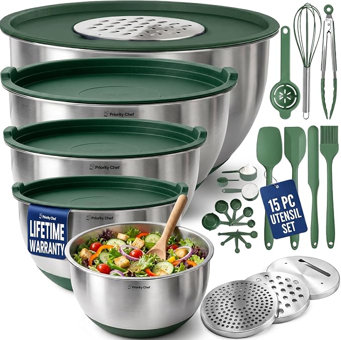Stainless Steel Mixing Bowls with Lids Set, Metal Nesting Bowls with Airtight Lids, Graters, Non-Slip Base & Measurement Marks, Includes Utensil Set for Prep, Baking & Storage, Green