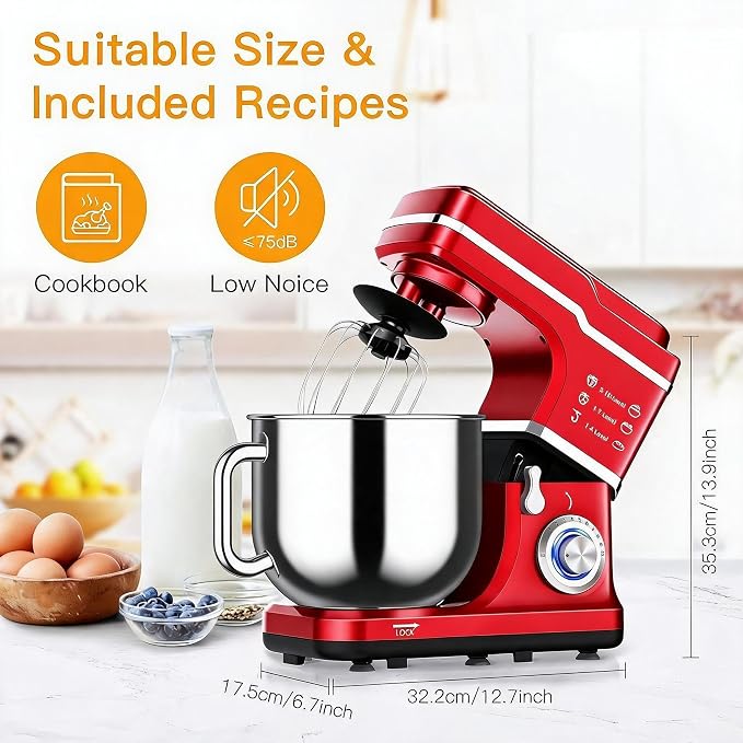 Stand Mixer Dough Mixer 7QT 660W 10-Speed Tilt-Head Dough Mixer, Electric Kitchen Mixer with Stainless Bowl, Hook, Whisk, Beater & Splash Guard, Black (red)