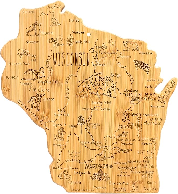 Totally Bamboo Destination Wisconsin State Shaped Serving and Cutting Board, Includes Hang Tie for Wall Display | State charcuterie serving board with engraved map artwork. Smooth reverse side for food prep. Hang tie for wall display.