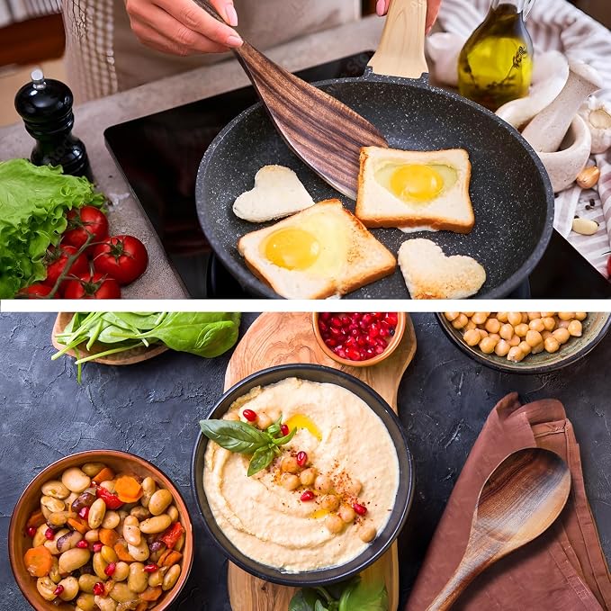Wooden Spoons for Cooking 10 Pieces Set, Kitchen Utensils Spatula, Wooden Cooking Utensils Spoons, with Spoon Rest, Strainer Spoon, Pasta server, Fried Spatula and Salad Fork, Utensil Holder
