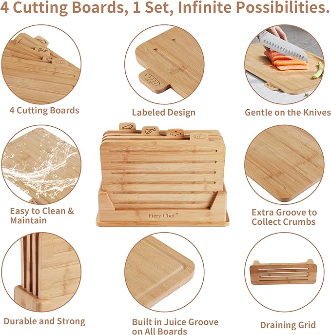 4 Piece Bamboo Cutting Boards with Food Icons & Stand, 14.56"L x 11"W | Thick & Durable, Deep Juice Groove, Non Toxic Real Wood, knife-friendly, Chopping Boards Set of 4 with Sturdy Holder