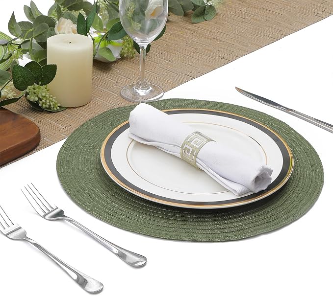 SHACOS Round Placemats Set of 4 Washable 15 inch Round Table Mats Cotton Polyester Woven Braided Place Mats for Dining Table Wedding Party Decor (Olive Green, 4)
