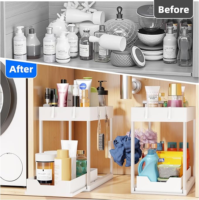 Simple Trending Under Sink Organizer 2 Pack, with Sliding Drawer, White | 2-Tier Multi-Use Under Shelf Organizer with Hooks, Sink Pull-Out Sliding Storage Cabinet for Kitchen Bathroom, Easy Assembly