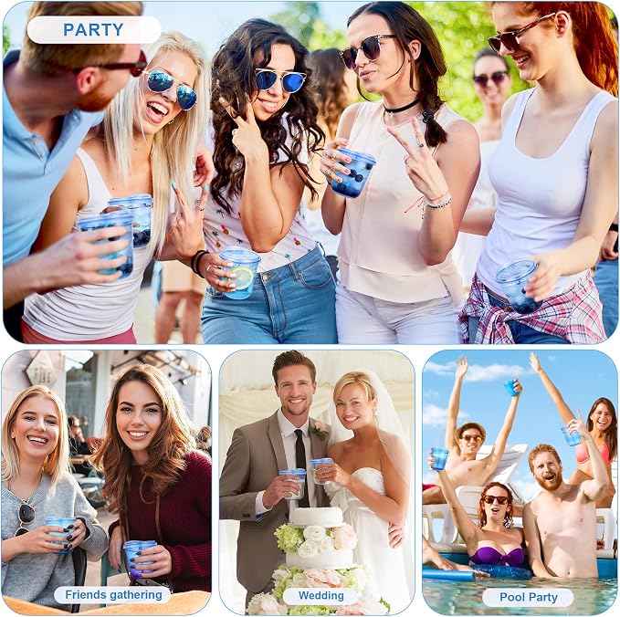 KesaPlan 50Pcs 12oz Blue Plastic Party Cups, Disposable Wine Cocktail Cups | Cute Crystal Wine Stemless Glasses, Round Bottom PET Cold Drink Cups for Wedding Birthday Meeting Christmas Baby Shower Party