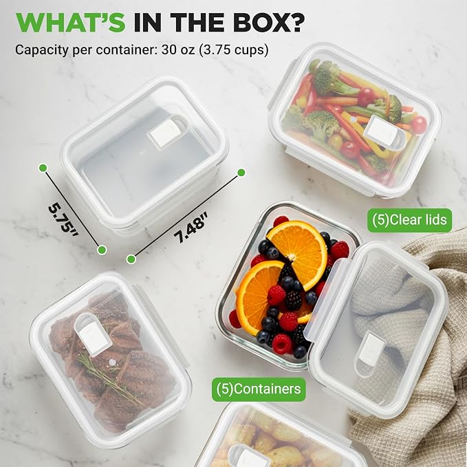 NutriChef 5-Piece 30 oz Reusable Glass Meal Prep Containers - Stackable Kitchen Storage Containers for Food, 4-Side Locking Plastic Lids w/Vent Hole - Easy to Clean, Dishwasher Safe (Flat)
