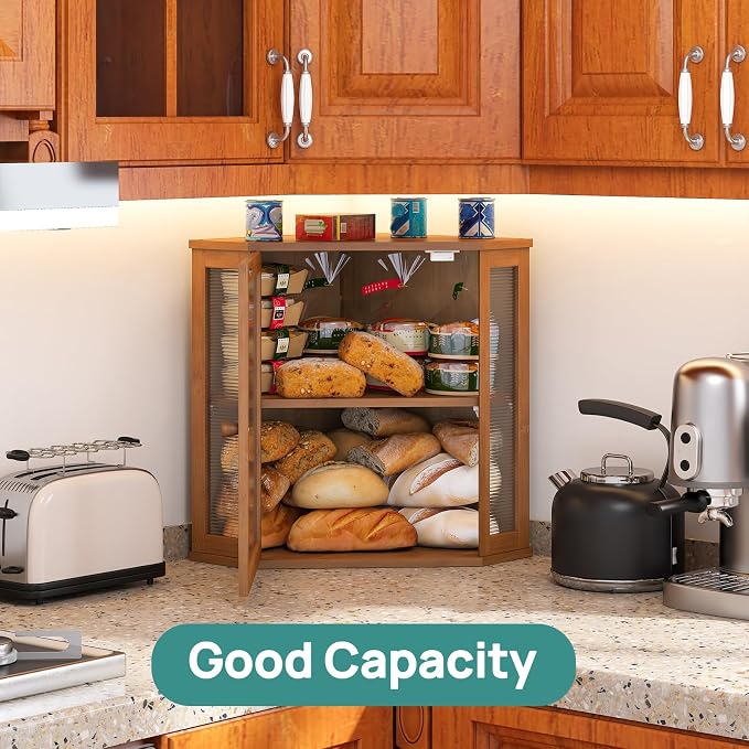 viewcare Corner Bread Box for Kitchen Counter, Bamboo Wood Large Capacity Bread Storage Bin with Acrylic Wavy Door Panel (Brown, Extra Large)