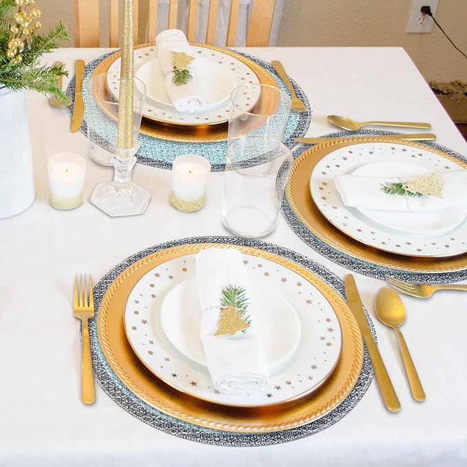 Blue Grey Ethnic Boho Round Placemats Set of 4, 15 Inch Linen Burlap Washable Durable Art Table Mats for Holiday Party Kitchen Dining Room Decoration