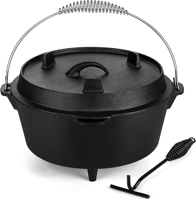 Leonyo 7QT Pre-Seasoned Dutch Oven Camping with Lid Lifter, 2-in-1 Pots | 2-IN-1 Cast Iron Camping Dutch Oven, Heat Conduction & Good Sealing & Heavy Duty
