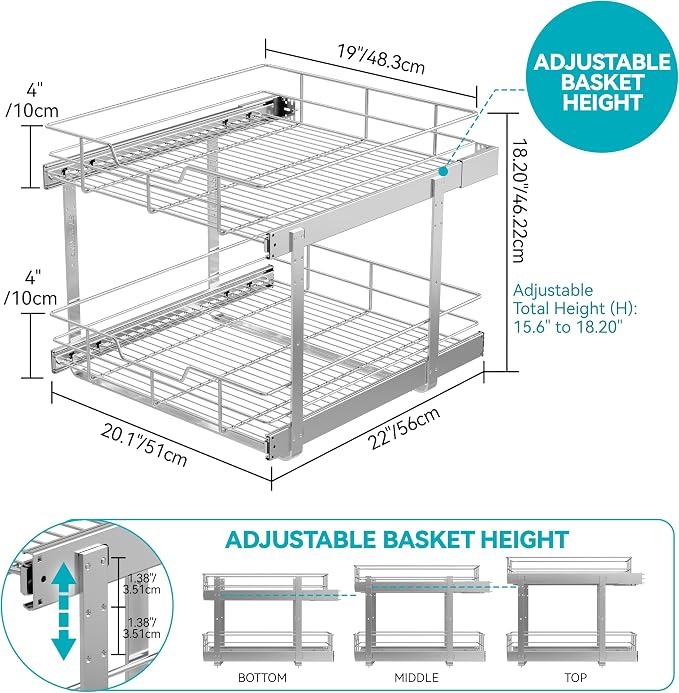 2 Tier Pull Out Cabinet Organizer 21" W X 22" D, Chromed, Full Slide Out | For Kitchen Organizers and Storage, Pull Out Drawers For Cabinets Capacity Heavy Duty Caddy, Cabinet Shelves, Bathroom Pantry