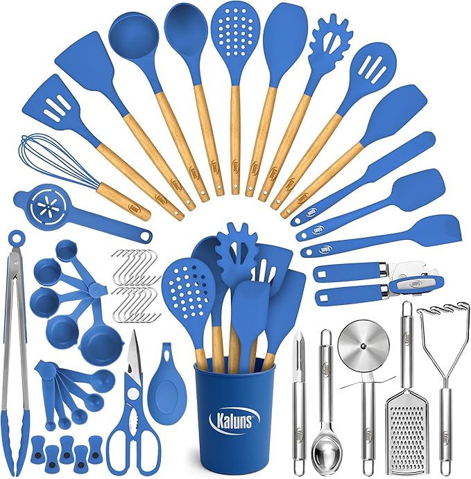 Kaluns 50 PCS Silicone Kitchen Utensils Set Complete Kitchen Set - 800°F Heat Resistant Non-Stick Premium Silicone Cooking Utensils W Wooden Handles - Can Opener, Masher, Turner, Silicone Spatula Set