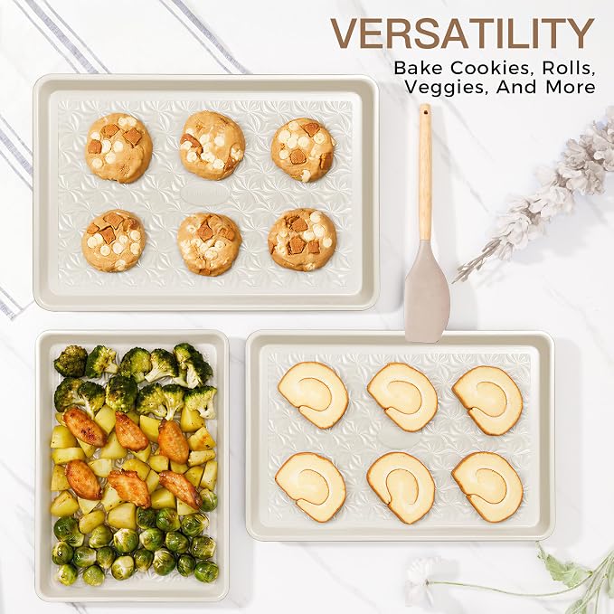 Ceramic Coated Baking Sheet Pan Set of 3 with Floral Texture | Nonstick Aluminized Steel Cookie Sheets, Half, Quarter and Jelly Roll Pans, Shallow Oven Trays, 0.8mm Thick
