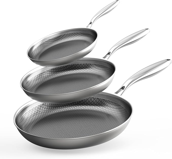COOKER KING 3pc Hybrid Nonstick Frying Pans Set, 8, 10 & 12" Pans | Stainless Steel Pans,Chef's Pan,Skillets Dishwasher & Oven Safe, Stay-Cool Handles,Induction Compatible – Metal Utensil Safe