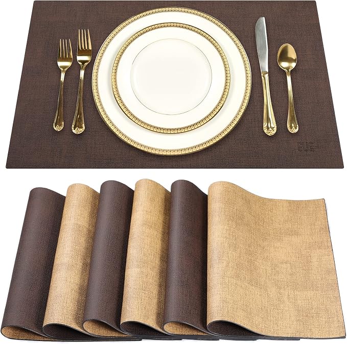 Leather Placemats Table Mats Set of 6, Brown and Tan | Reversible Non-Slip Table Placemats, Heat-Resistant and Waterproof for Dining Kitchen and Holiday Parties