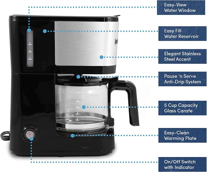 Elite Gourmet EHC9420 Automatic 5-Cup Drip Coffee Maker, Pause N Serve | Reusable filter, On/Off switch, and water level indicator for easy monitoring