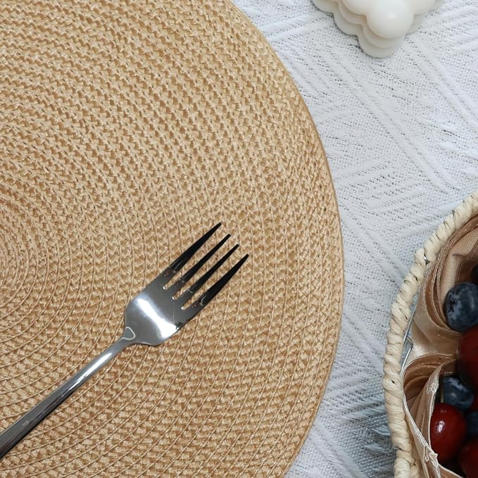 Winknowl Round Braided Placemats Set of 4 Washable Woven Heat Resistant Table Mats for Kitchen Dining Tables 15 inch Round Place Mats (Camel,4pcs)