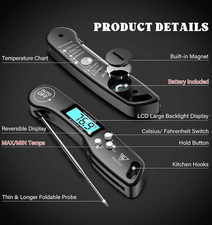 DOQAUS Digital Meat Thermometer, Instant Read Food Thermometer for Cooking | Backlit & Auto-Rotating Display, 4.6” Probe Perfect for Grilling, Baking, and BBQ Gift for Dad Men - Black