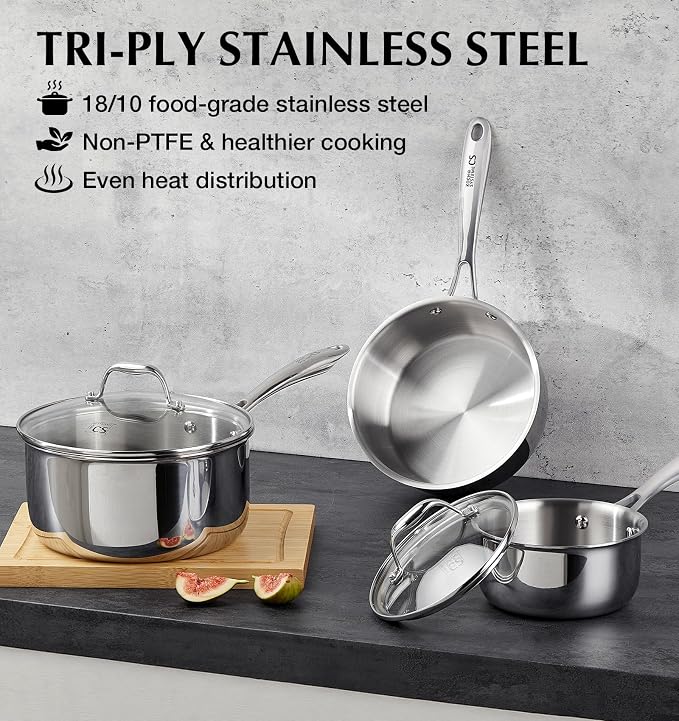 KOCH SYSTEME CS Triply Stainless Steel Saucepan, 3 Quart Stainless Steel Pot with lid, Large Cooking Pot, 3QT Sauce Pan with Stay Cool Handle, Induction Compatible Pot, Oven Safe 600°F