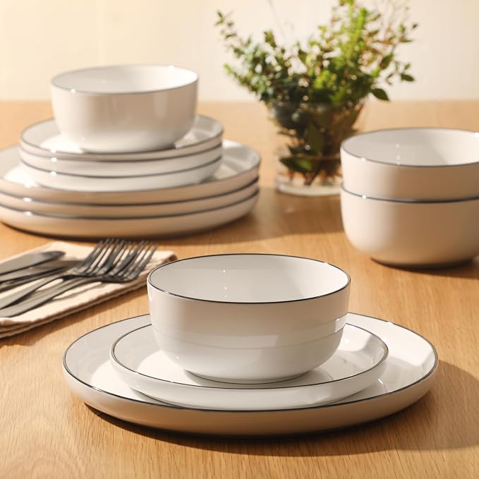 Gibson Home Oslo 12-Piece Porcelain Dinnerware Set – Dinner Plates, Salad Plates & Bowls, Classic White With Black Rim Everyday Dish Set for Home, Kitchen, Microwave & Dishwasher Safe