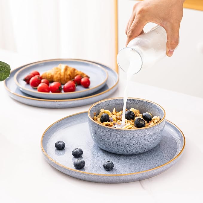 GBHOME Dinnerware Sets for 6, 18 Pieces Ceramic Plates and Bowls Set | Scratch Resistant Stoneware Dishes Set, Dishwasher & Microwave Safe, Reactive Glaze-Vista Blue