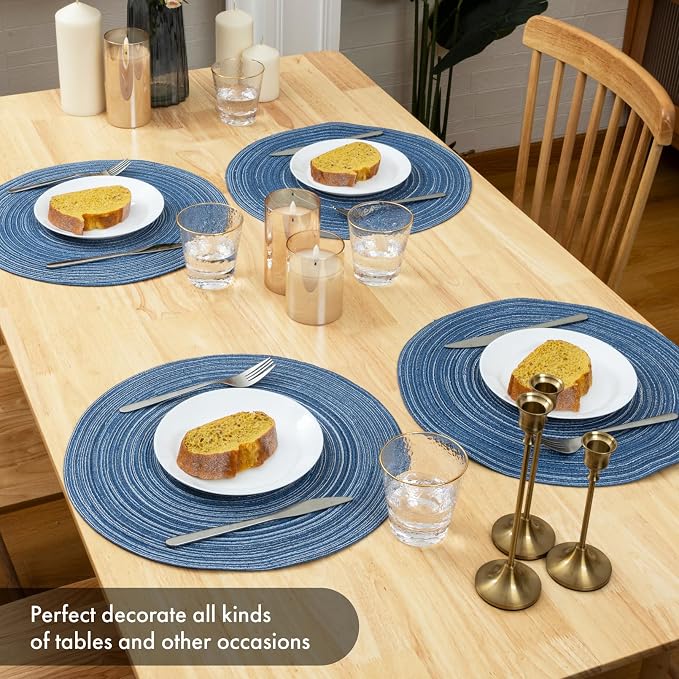 Winknowl Round Braided Placemats Set of 6 Washable Woven Heat Resistant Table Mats for Kitchen Dining Tables 15 inch Round Place Mats (Seascape Blue,6)