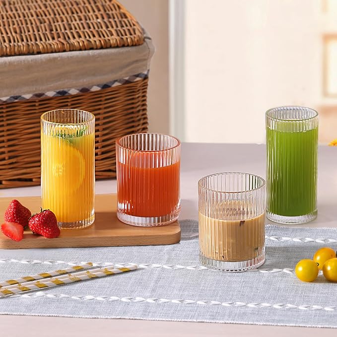 Moretoes Ribbed Drinking Glasses Set of 12,Water Glass Cups | Mixed Glassware Set,6 Highball Glasses 12 Oz, 6 Rocks Glass 13 Oz, Kitchen Bar Tumbler for Wine, Juice, Ice Coffee, Whiskey