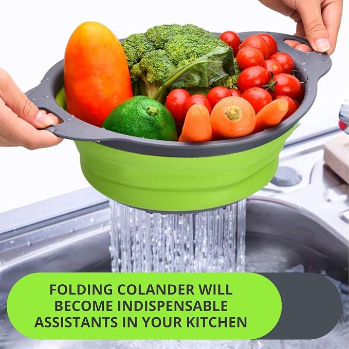 Green Kitchen Strainer Colander Set - 2 PCS Multifunctional Colander Silicone Food Strainers for Kitchen for Pasta and Spaghetti Collapsible with Plastic Handles