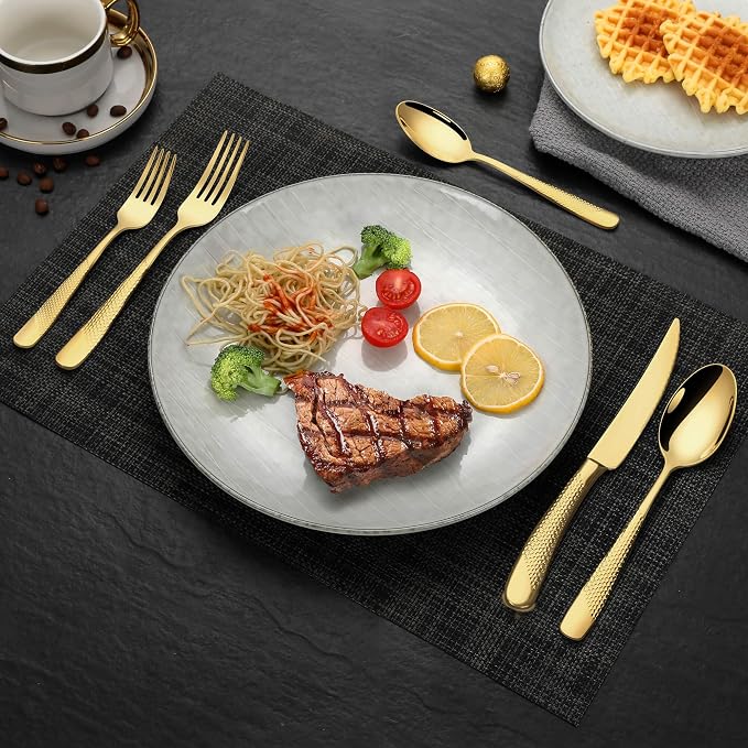 30-Piece Hammered Gold Silverware Set for 6 with Serrated Forging Knives,18/10 Stainless Steel Modern Flatware Set,Unique Cutlery Set,Mirror Polished,Dishwasher Safe