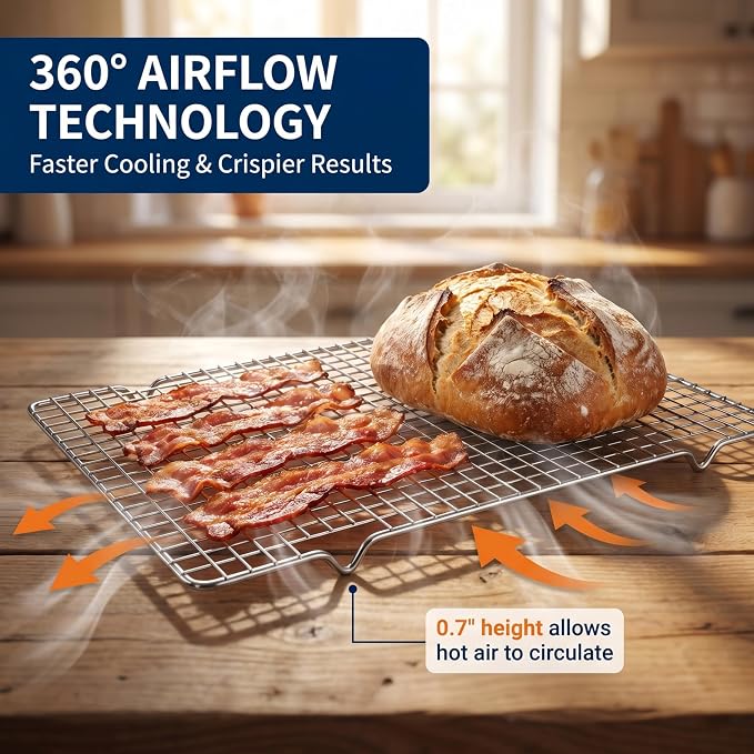 Cooling Rack Set of 2, 10" x 16" No Warp Heavy Duty Stainless Steel Baking Rack - Fits Jelly Roll Cookie Sheet Pan, Oven Safe 575°F, for Baking, Roasting & Dehydrating, Dishwasher Safe