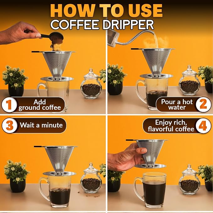 Stainless Steel Pour Over Coffee Dripper Set with 2 Cups, 600 Mesh | Pour Over Coffee Maker, Double Mesh Filter, Wide Base, Silicone Handle, Cleaning Brush, Paperless Flavor, for Loose Coffee