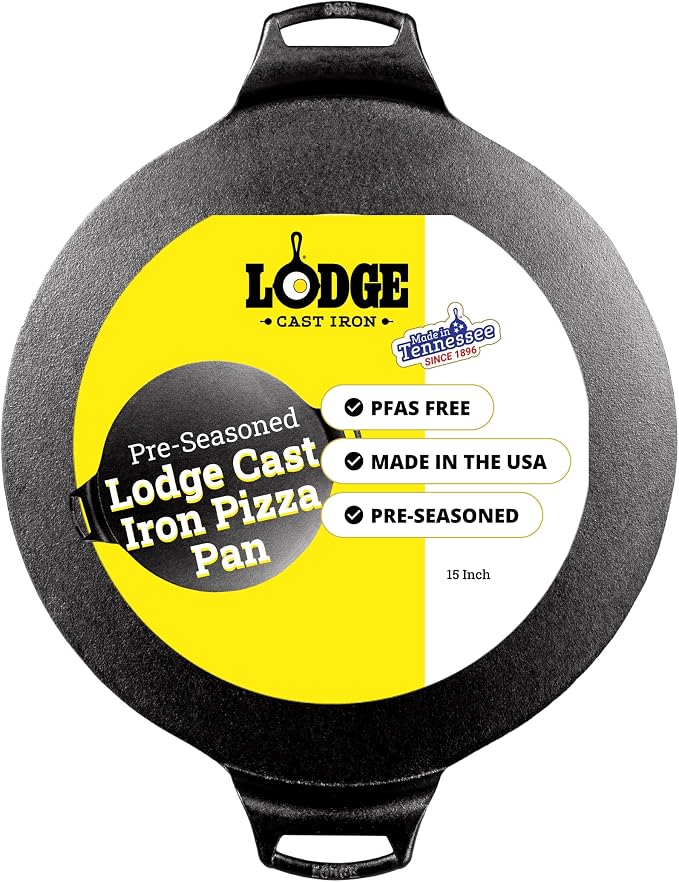 Lodge Seasoned Cast Iron Pizza Pan 15 Inch - Pre-Seasoned, Round Pizza Pan with Dual Assist Handles - Even Heat Distribution- PFAS-Free, Non-Toxic Cookware - Oven Safe