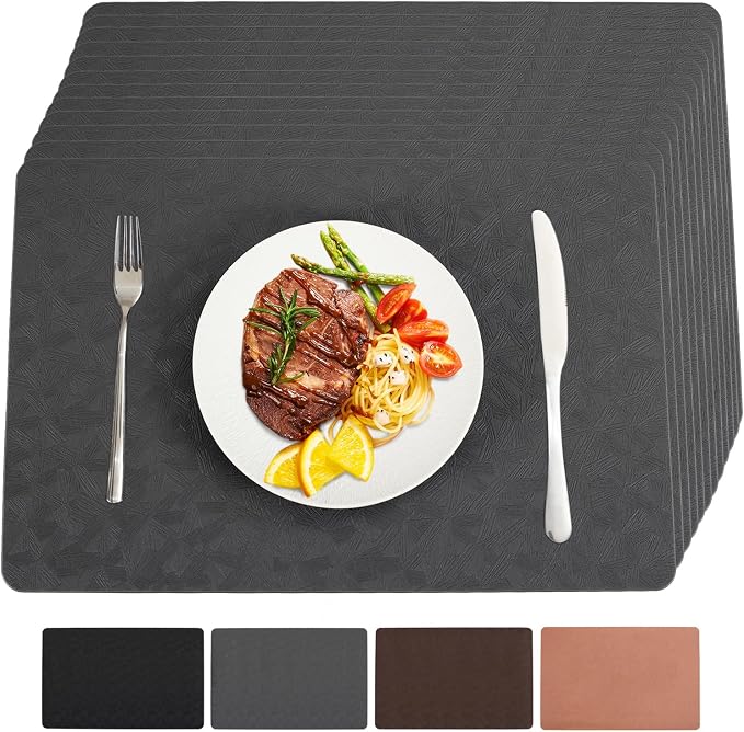 Gray Vinyl Placemats Set of 12 Waterproof Wipeable Table Mats | Heat Resistant Easy Clean Place Mats Faux Leather Table Mats Washable PVC Table Placemats for Dining Table