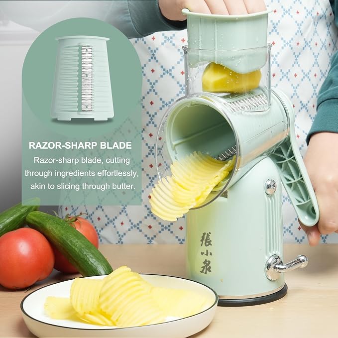 Rotary Cheese Grater Manual Hand Crank with 5 Blades & Suction Base, Kitchen Vegetable Shredder Slicer for Veggie, Nuts, Fruit, Green