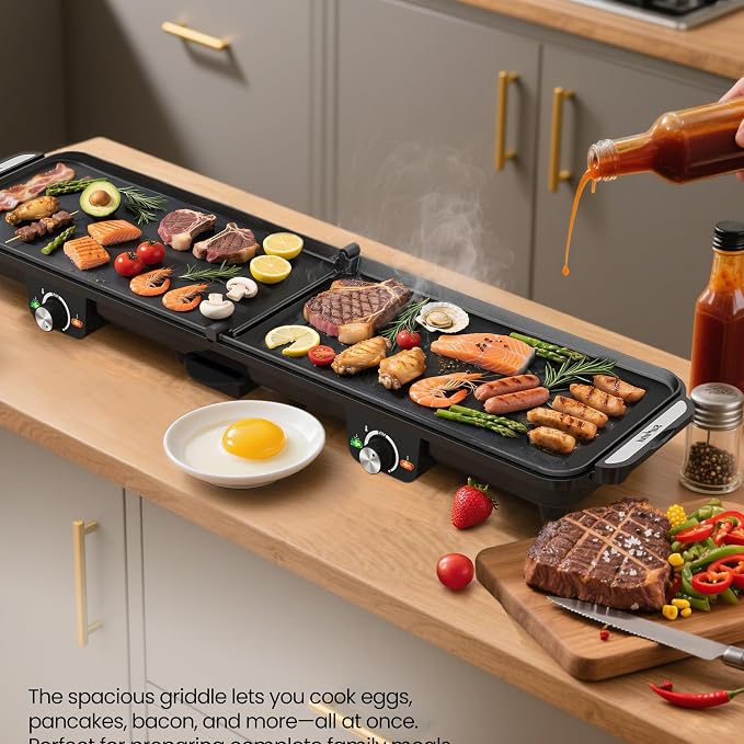 35''Electric Large Griddle - 1600W,Foldable Dual Zone,Nonstick | Long Skillet with Adjustable Temp,Pancake Egg Maker,Drip Tray,Indicator Light for Indoor/Outdoor/BBQ/Camping/Pancake