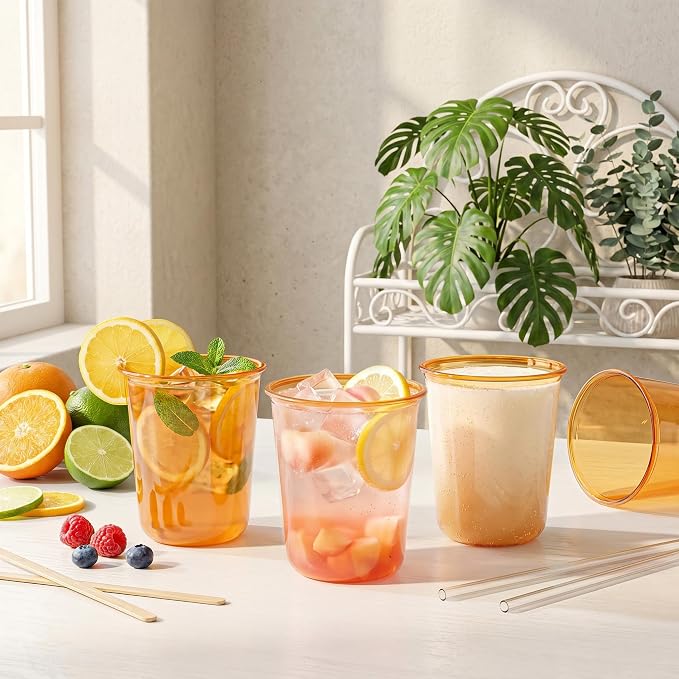 WELLIFE 100 Pcs 12 oz Clear Orange Plastic Cups | Disposable Cocktail Glasses Stemless Wine Punch Cups for Cold Drinking Party Supplies Graduation Thanksgiving Day