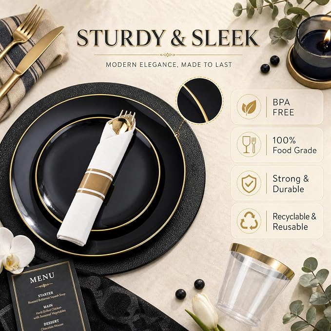 KIRE 350 PCS Black and Gold Plastic Plates - Plastic Dinnerware for Wedding | Include 100PCS Black Disposable Plates, 50PCSPre Rolled Napkins with Silverware & 50PCS Cups for Party/Halloween/New Year